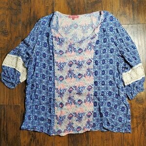 Rose & Thyme 3/4 sleeve Blue, Pink, white floral bohemian blouse sz 1X